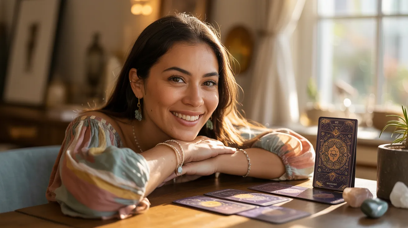 mujer sonriente confiada en una lectura de tarot real 