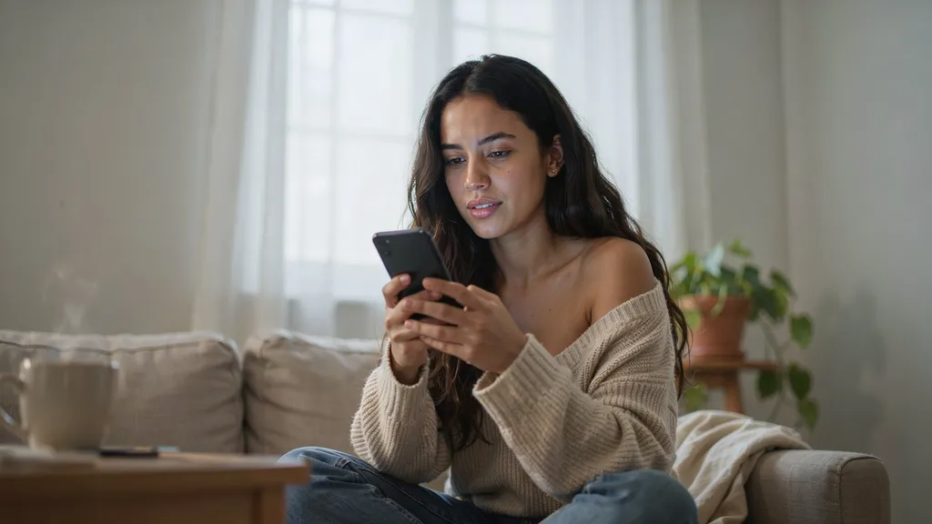 mujer en el sillon consultando una tirada de tarot del amor por chat