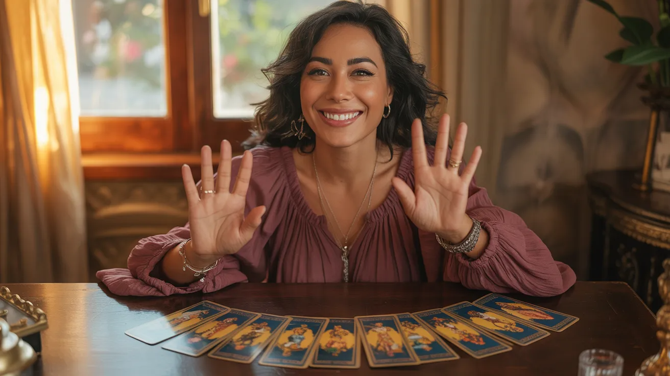 tarotista sonriente mostrando una tirada de tarot sobre mesa de madera