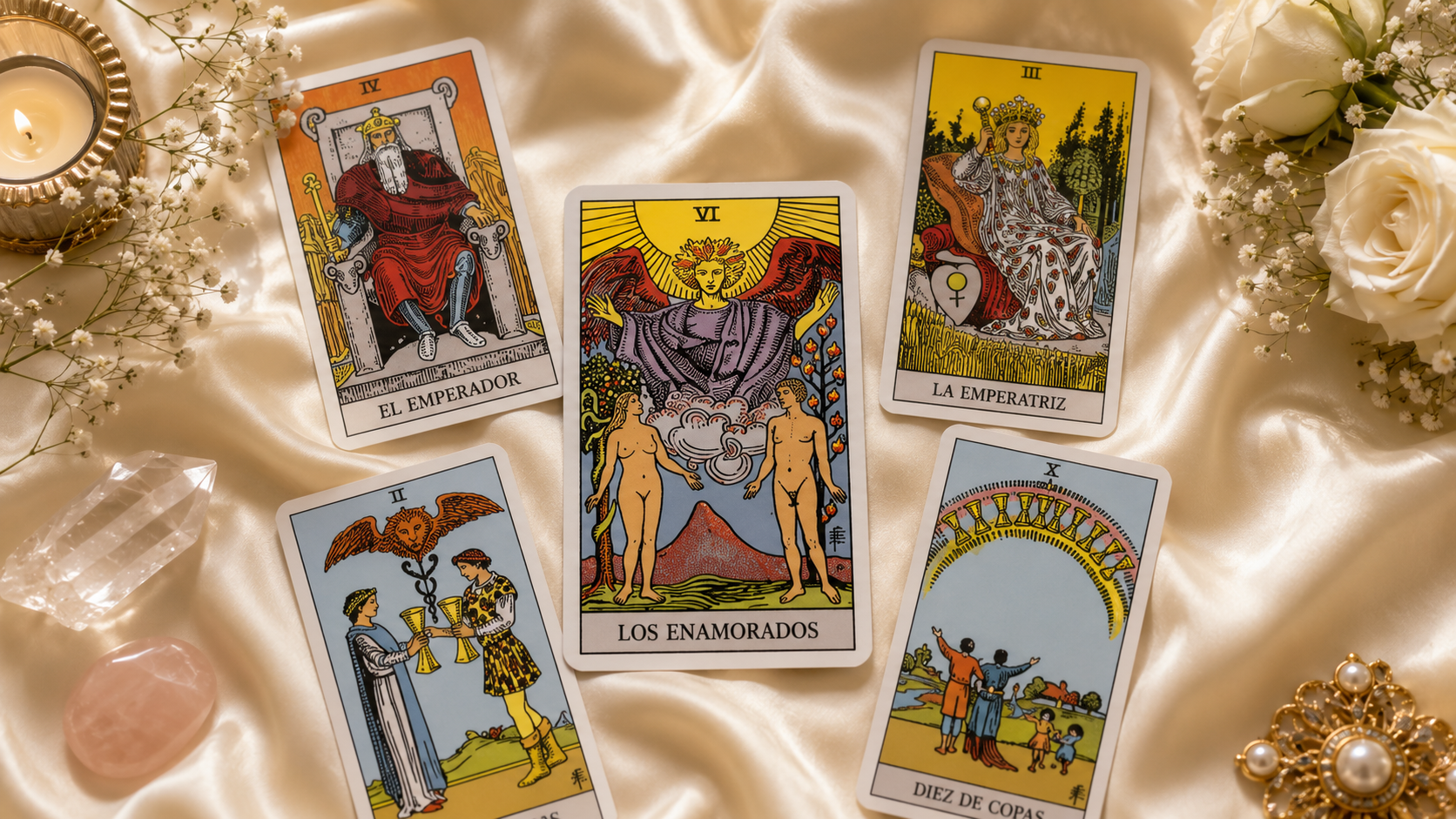 una tirada de tarot con cartas que indican matrimonio