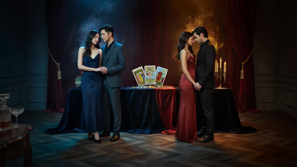 dos parejas simbolizando el contraste entre almas gemelas y llamas gemelas en el tarot