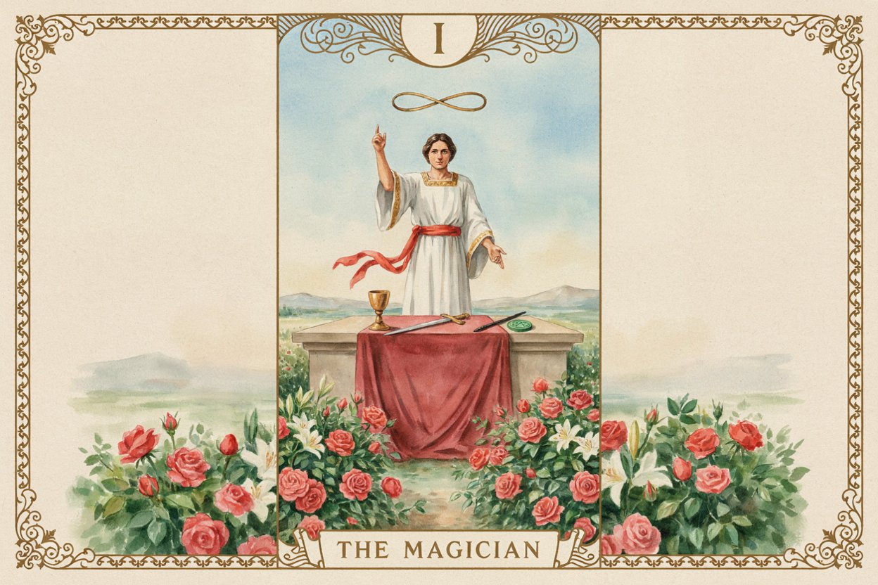 Carta do Mago do tarot em close mostrando o simbolo do infinito e a mesa com os quatro naipes
