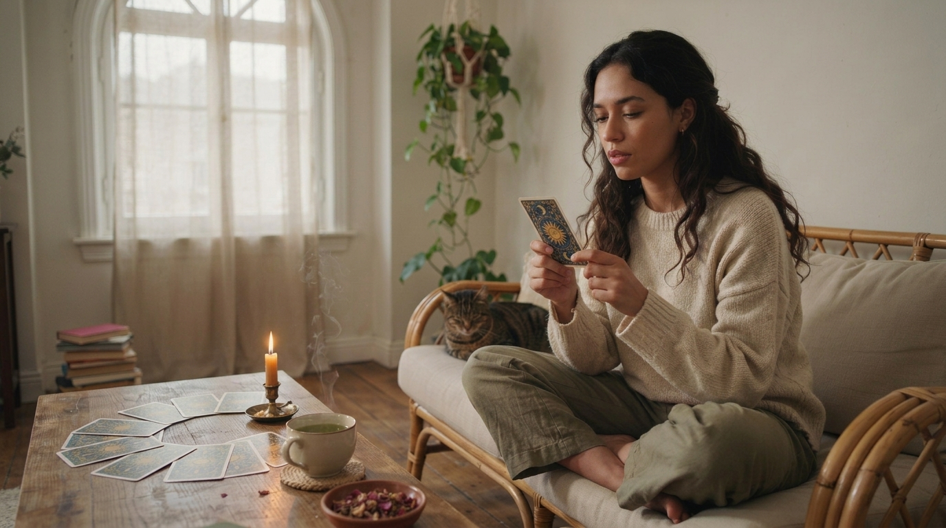 Mulher segurando e observando uma carta de tarot com outras cartas espalhadas sobre a mesa de centro